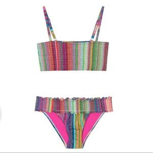Pilyq Girls Bikini Size 12 Retro Simmer Stripe Smocked Swimwear Swimsuit New NWT
